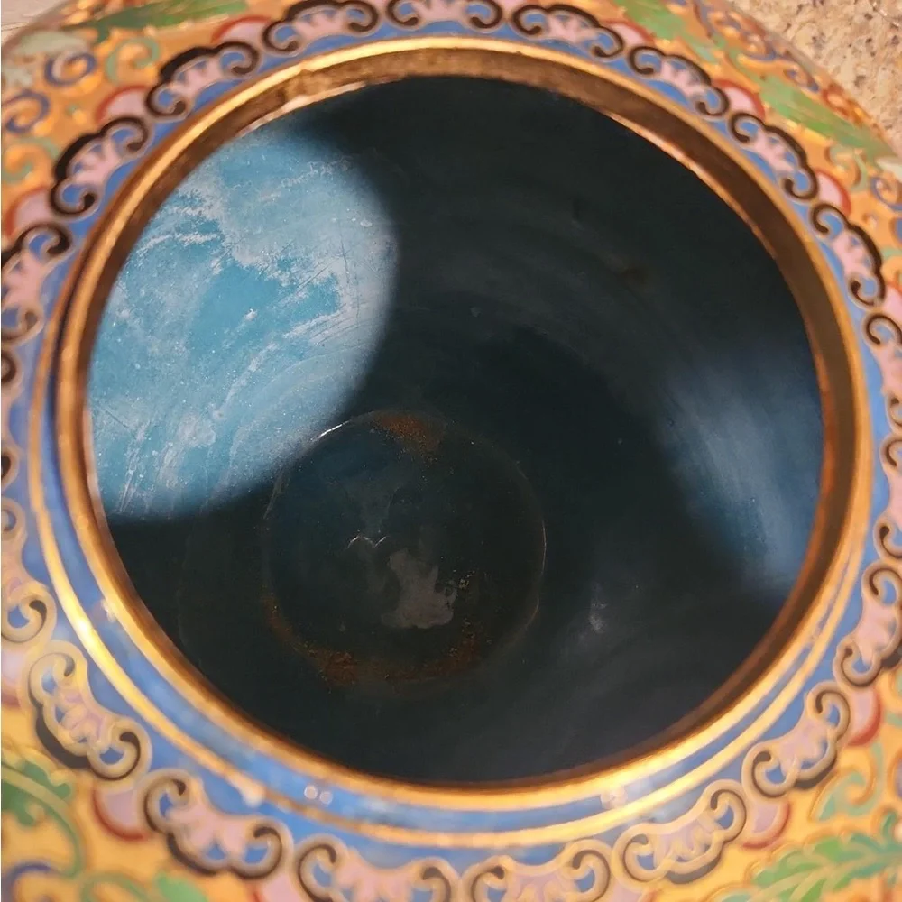 Hand-Painted Floral Cloisonné Ginger Jar - Gold and Green